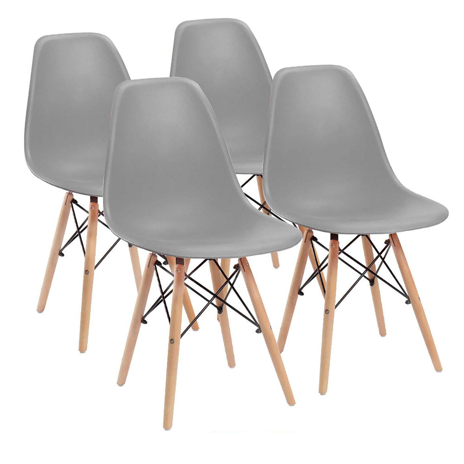 Armless Classic Eames Plastic Chair, Mid Century Modern Style Dining Chairs Indoor Wooden Legs Set of 4 for Kitchen, Dining Room, Bedroom, Living Room Side Chairs (Grey)