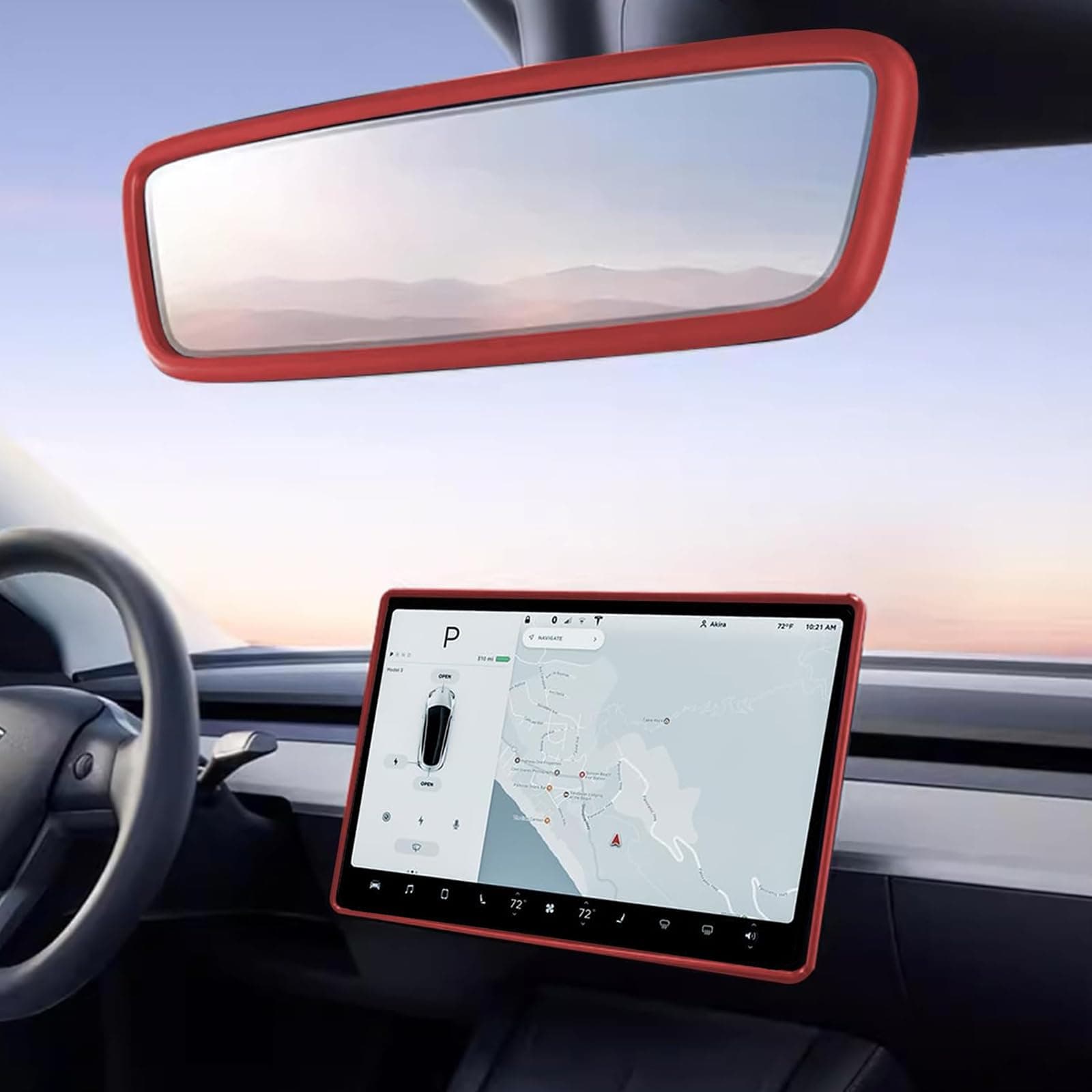 2PCS Protector Trim Frame Compatible with Tesla Model 3 Y 2019-2024 2025 Screen Edge Frame Rearview Mirror Cover Interior Silicone Decorations Center Console Decor Highland Juniper Accessories (Red)