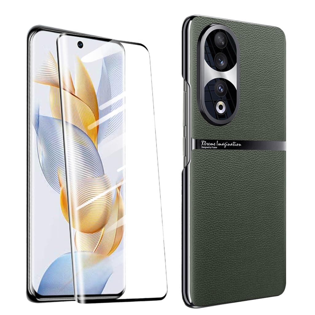 Hard Case Compatible with Honor 90 5G with Tempered Glass Screen Protector,Slim Shockproof Vegetarian Shell Metal Lens Protective Cover,Green