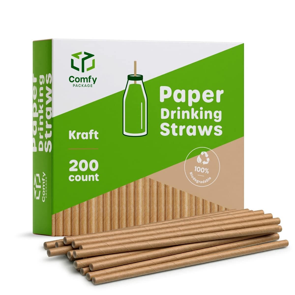 Comfy Package Kraft Paper Drinking Straws [200 Pack] - 100% Biodegradable, Eco-Friendly, Ink-Free, Compostable Paper Straws for Beverages, Smoothies, & Cold Drinks