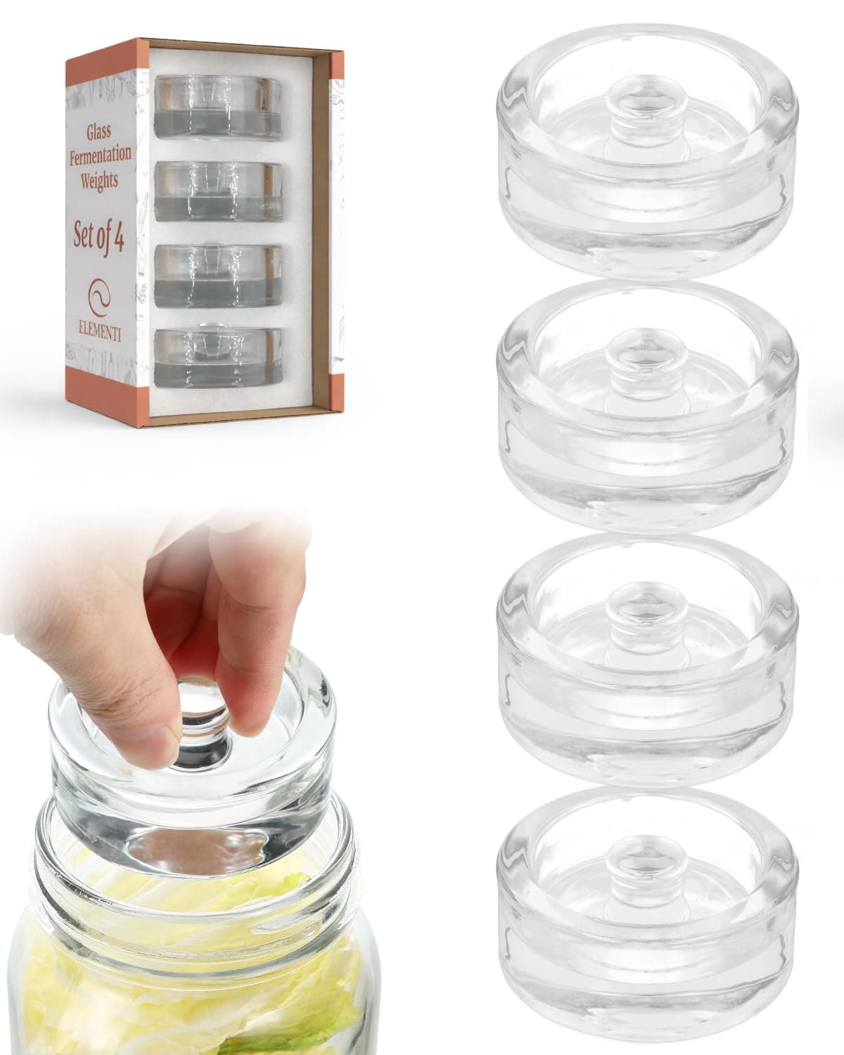 Elementi Fermenting Weights Set of 4 - Easy Grip Glass Fermentation Weight for Wide Mouth Mason Jars, Pickling Kit, Glass Weights for Fermenting & Canning