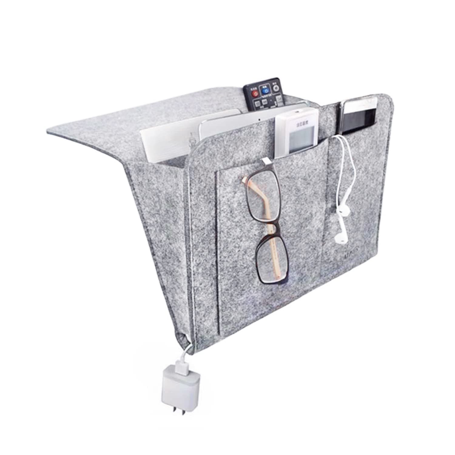 TIANNAIT Felt Bedside Storage Bag, Bedside Organizer, Hanging Organizer, Multiple Pockets, For Assorted Magazines, Books, Cell Phone, Remote Control(Grey)