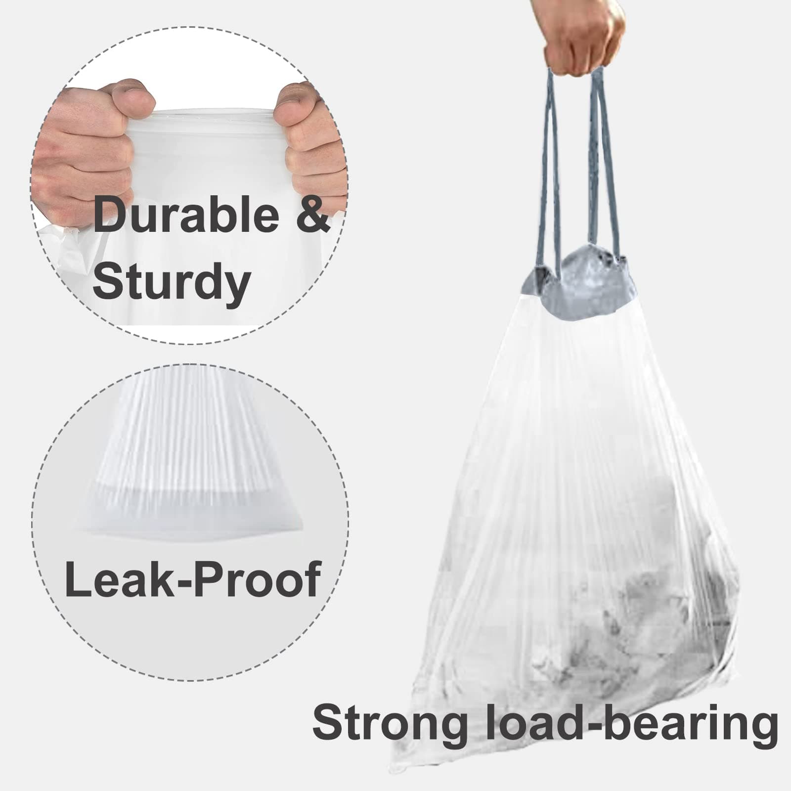 Code K 200 Count Drawstring Trash Bags | Code K 1.2 Mil | White Garbage Can Liners 9-12 Gallon / 35-45 Liter Heavy Duty Plastic Trash Bags