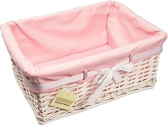 Woodluv Large Rectangular White Willow Wicker Hamper Storage Basket-With Pink Dot Linning (Gift Hamper Basket)