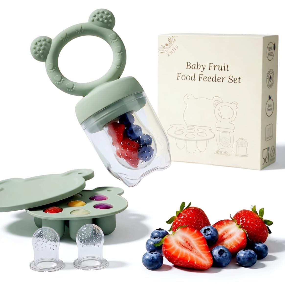 Silicone Baby Fruit Feeder Pacifier & Popsicle Molds – Multi-Purpose Food Storage Containers for Soothing Teething Relief & Encouraging Infant Self-Feeding(Green)