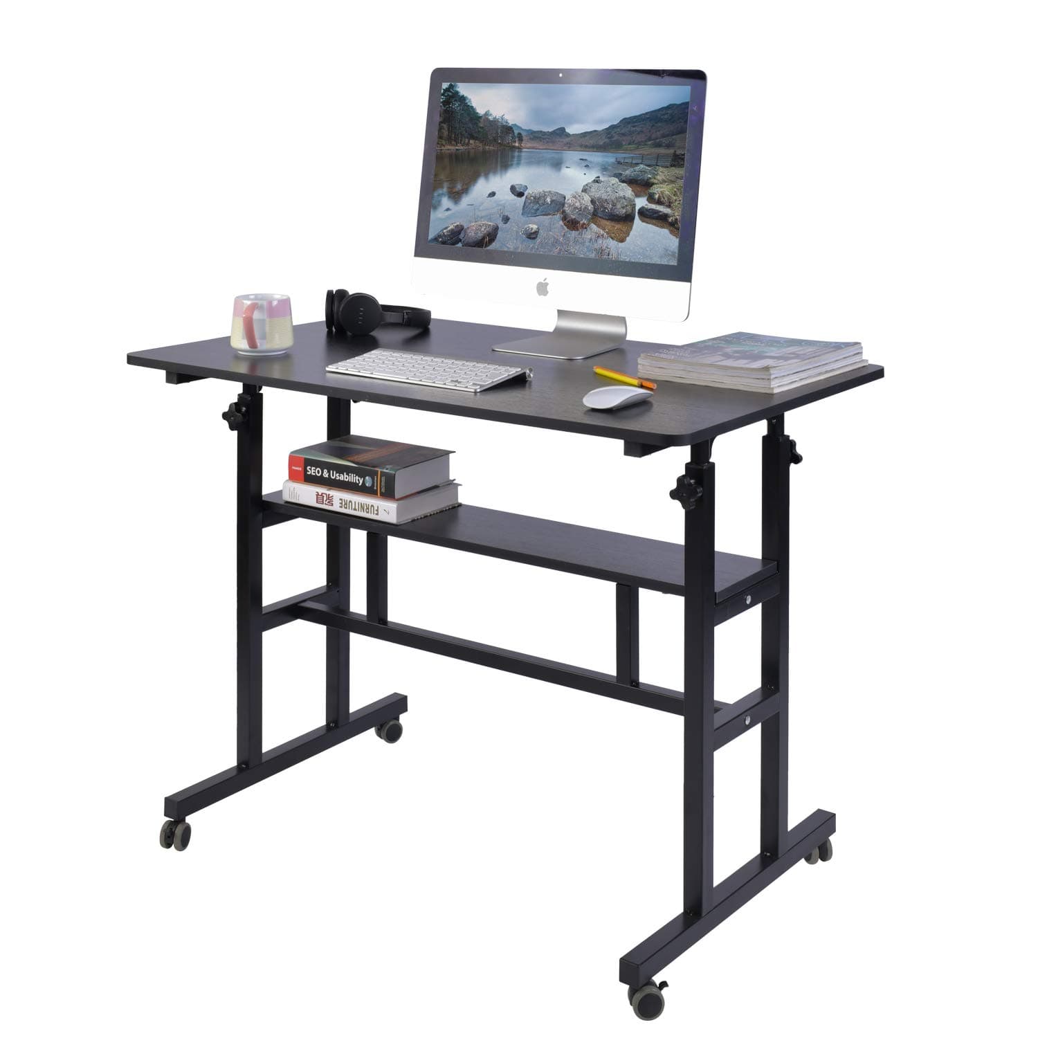 AIZMobile Standing Desk, Adjustable Computer Desk Rolling Laptop Cart on Wheels Home Office Computer Workstation, Portable Laptop Stand Tall Table for Standing or Sitting, Black, 39.4" x 23.6"