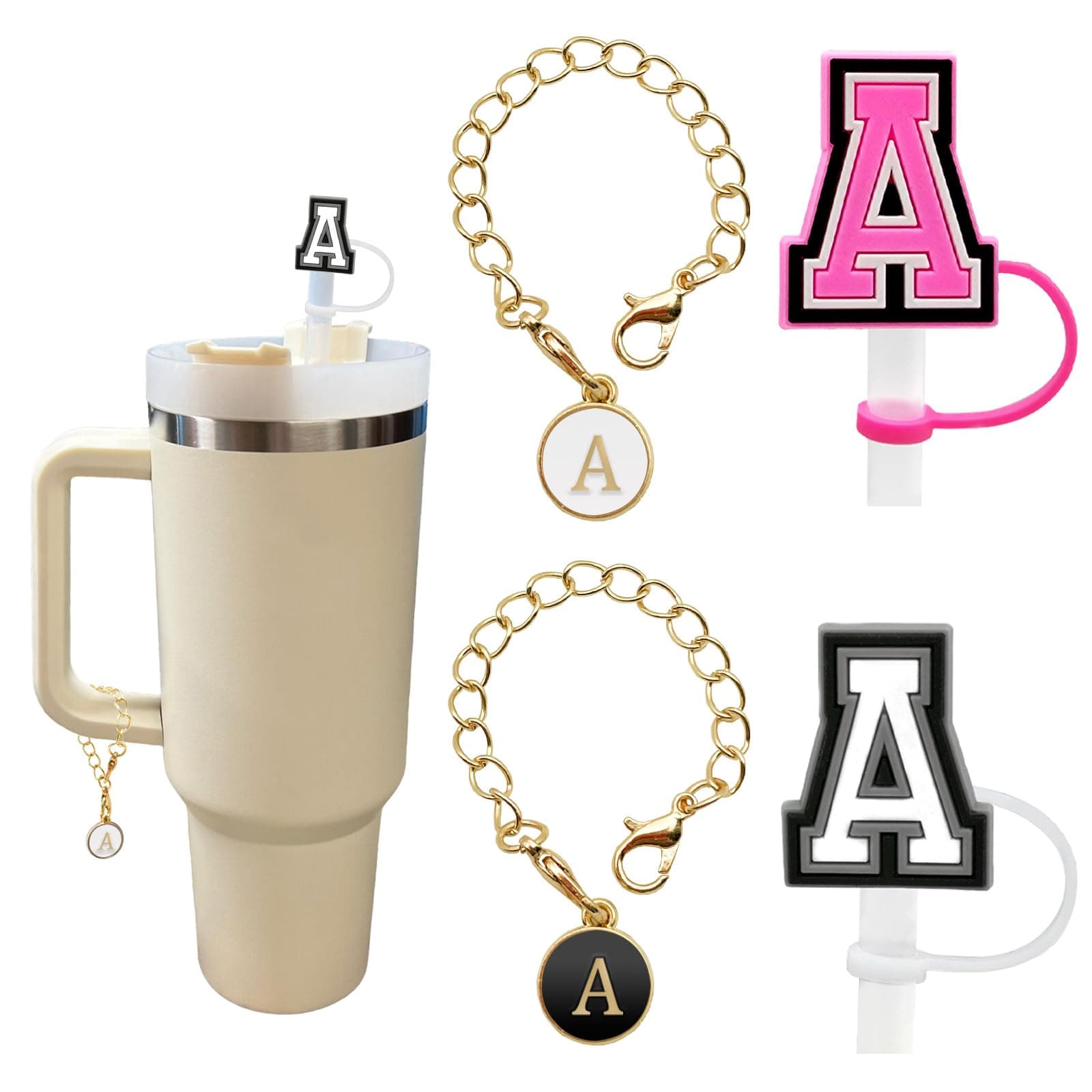 (2+2)2PCS Straw Cover for Stanley Cup 30&40 Oz 10mm Straw Topper with 2PCS Stanley Cup Accessories Letter Charms Name ID Initial Letter Handle Personalized Charm For Stanley Tumbler (Letter A)