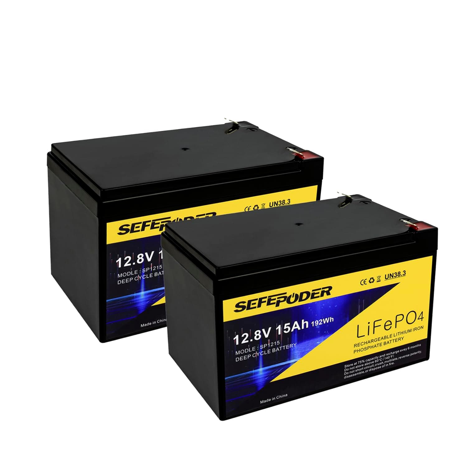 SEFEPODER 2 Pack 12V 15Ah LiFePO4 Deep Cycle Battery, 2000+ Cycles Rechargeable Battery for Scooter, Lighting, Power Wheels, Fish Finder and More with Built-in 16A BMS