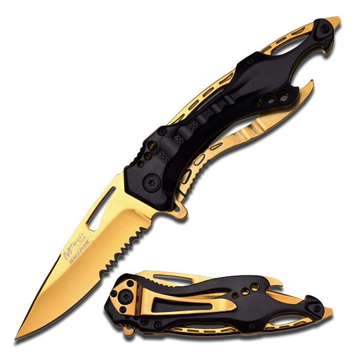 MTECH USA Folding Knife, 3.75-Inch Half-Serrated Blade, Titanium Coating, Glass Breaker, Pocket Clip