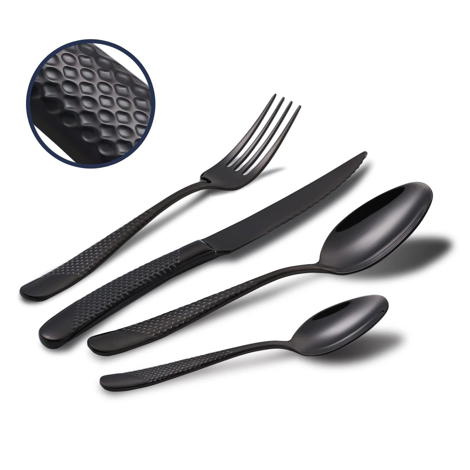 – Hammered Silverware Set, 4-Piece Modern Black 18/10 Stainless Steel Flatware Set with Forks Spoons and Knives, Unique Metal Cutlery Sets for Home Restaurant, Mirror Polished & Dishwasher Safe