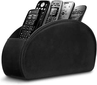 Leather Remote Control Holder with 5 Compartments TV Remote Caddy Storage Box/Tray,Desktop Organizer Store Controller,Glasses,Brush,Media Player,Pen,Space Saver for Bedside Table/Office Desk(Black)
