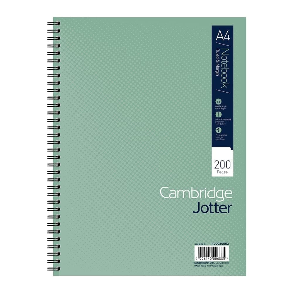 Cambridge Jotter A4 Notebook, Wirebound, 8 mm Lined with Margin, 200 Pages, 80GSM, Single Notepad, Perforated Edges