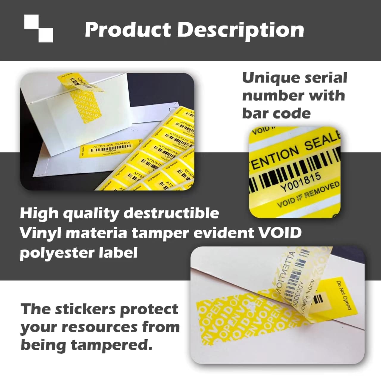 120 pcs Tamper Evident Label Sticker with Bar Code Total Transfer Security Warranty Void Seals/Stickers for Reusable Package with Serial Number(1 x 3.4Inches,Yellow)