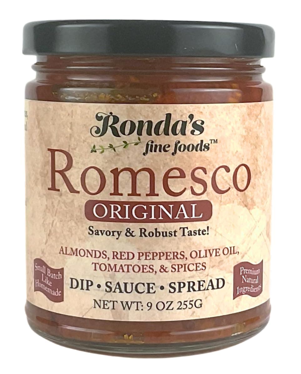 Romesco Dip, Spread, Topping & Sauce – Thick, Small-Batch Romesco with Almonds, Pure Olive Oil, Red Peppers, & Tomato – Keto, Vegan, Gluten-Free Red Sauce for Fish, Meat, Veggies, & Chicken by Ronda’s Fine Foods