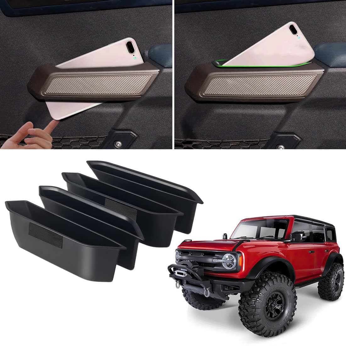 Door Handle Storage Box Container for Ford Bronco 2021 2022 2023 2024 4 Door Car Interior Accessories, ABS Front and Rear Door Side Armrest Phone Pocket Organizer Insert Glove Pallet 4PCS