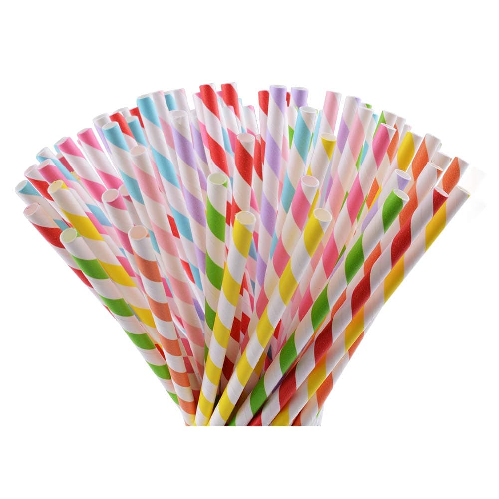 Yacolife 200-Pack Biodegradable Paper Straws - 8 Different Colors Rainbow Stripe Paper Drinking Straws for Smoothies, Shakes, Party Supplies,Decorations,Weddings and Birthdays