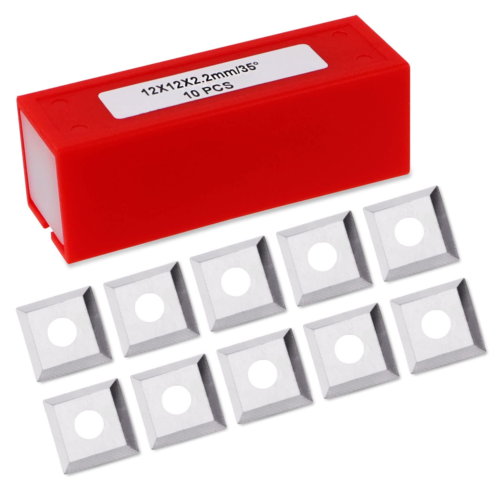 12mm Square Corners Carbide Inserts, 12mm Length x 12mm Width x 2.2mm Thick, 35 Degree Cutting Angle, 4-Blade Straight Hole, Suitable for Replacing Helical Planer Cutter Heads, Pack of 10