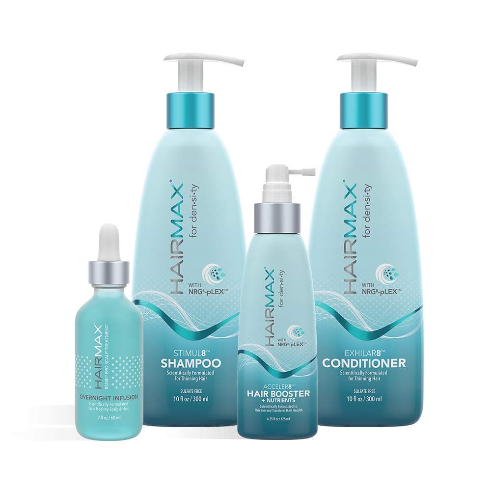 HAIRMAX for Density 4pc Bio-Active Hair Therapy System for Thinning Hair, Stimul8 Shampoo, Exhilar8 Conditioner, Acceler8 Hair Booster, RSN8 Pro Scalp Treatment