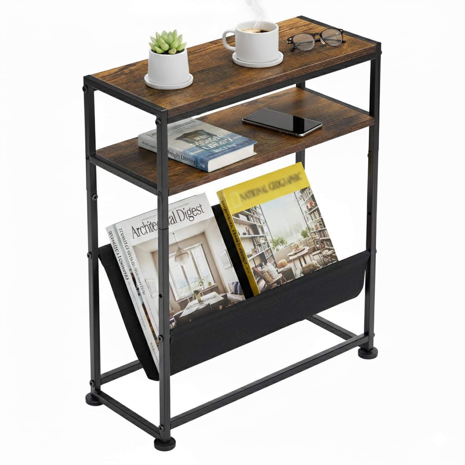 Slim Side Table with Magazine Rack, Width 43.2×Depth 18×Height 55 cm, Storage Shelf, Rack, Small, Slim, Mini Table, Bedside Table, Night Table, Bedside, Coffee Table, Living Side Table