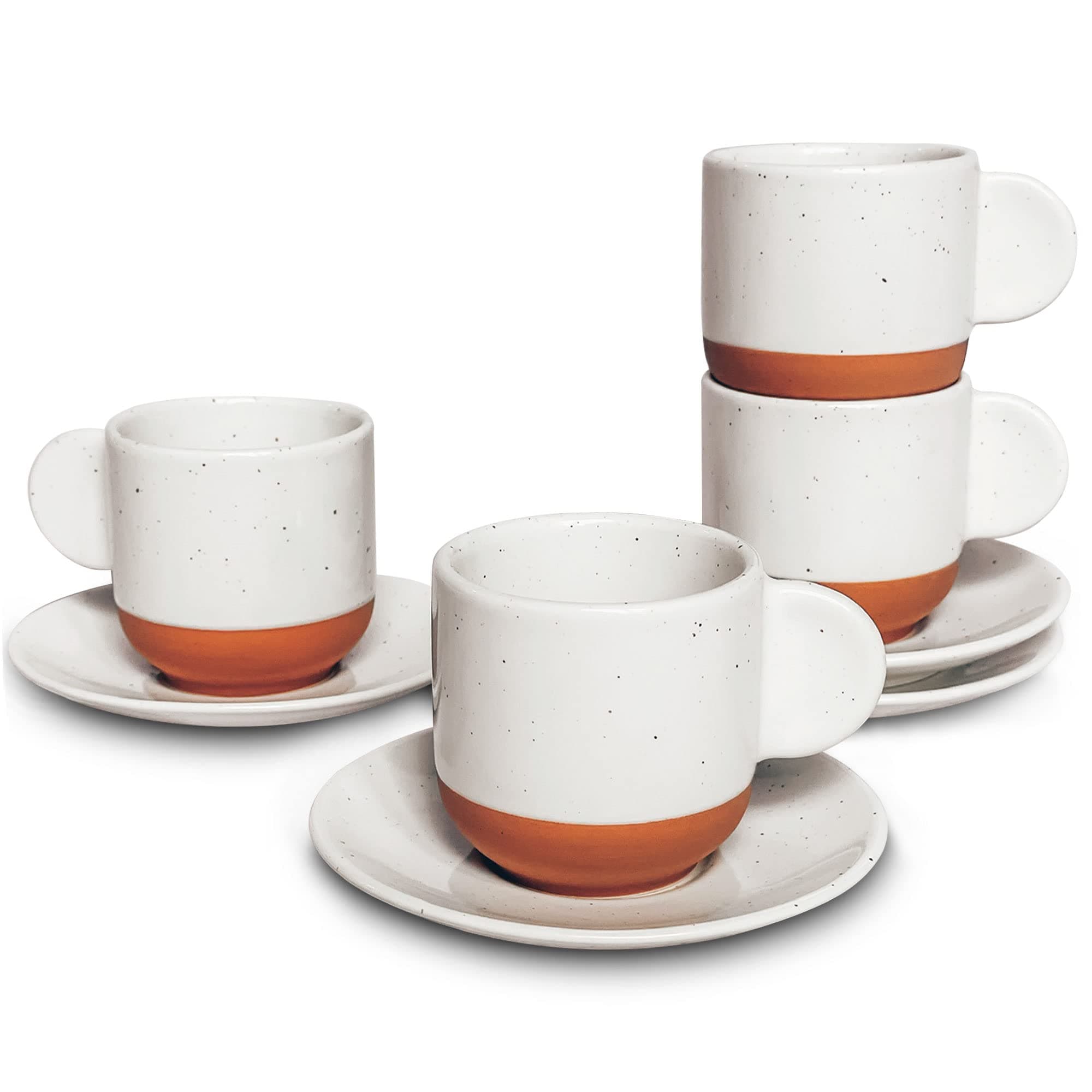- Mora Ceramic Mini Espresso Cups Set of 4, 3oz - Tiny Italian Inspired Mugs With Saucers For Small Shots of Coffee - Modern Boho Style For Any Kitchen or Cafe. Microwave Safe Porcelain - Vanilla White