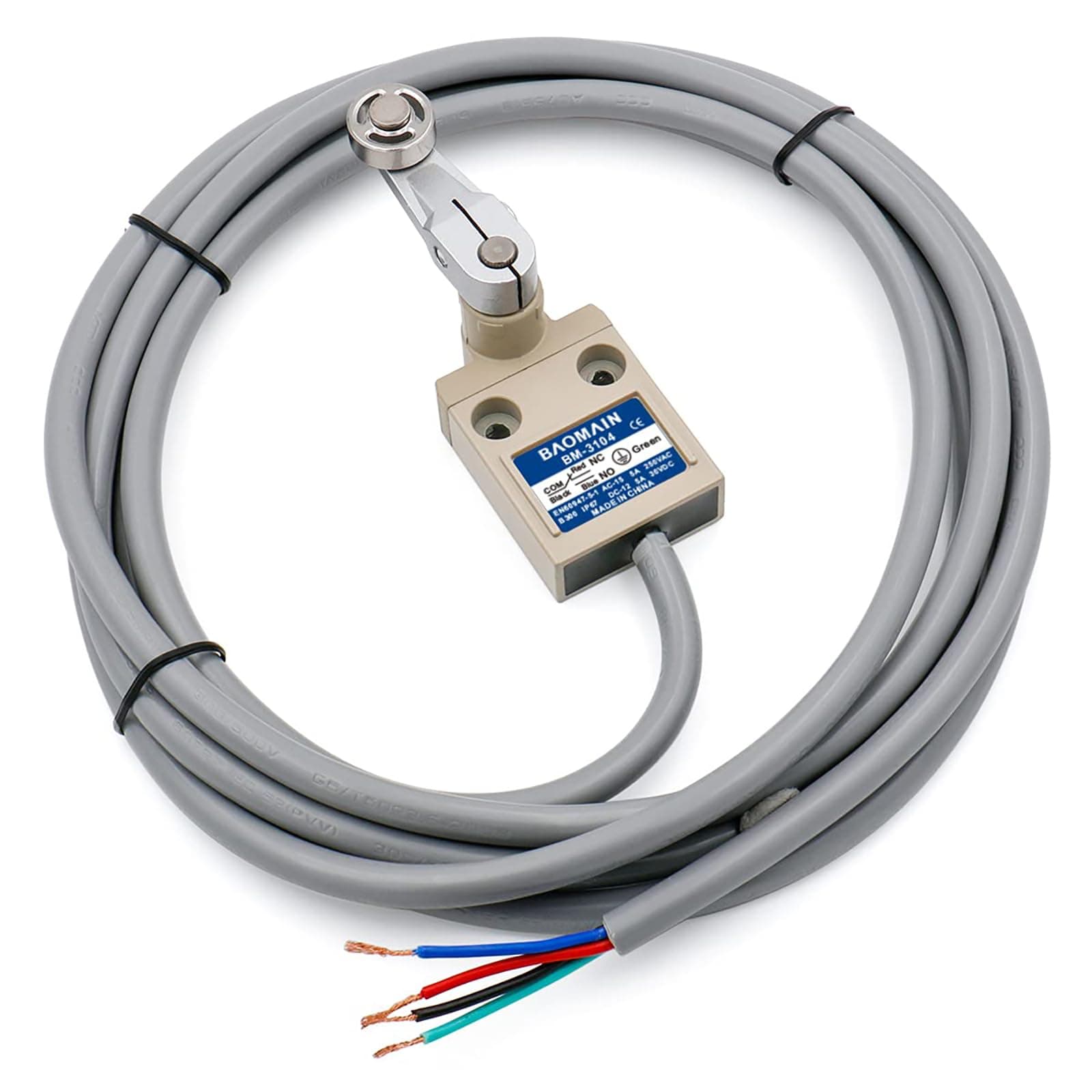 BAOMAIN Limit Switch,BM-3104 Waterproof, SPDT Side Roller Plunger Sealed Momentary Micro Switch with 3-Meter Pre-Wired Cable, IP67 Protection, 5A 250VAC for CNC & Industrial Automation Control
