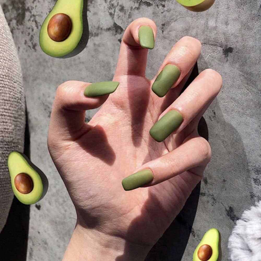 Poliphili 24Pcs Matte Medium Long Square Pure Color Wear False Nails Press On Full Coverage Acrylic Fake Nails Tips (Avocado)