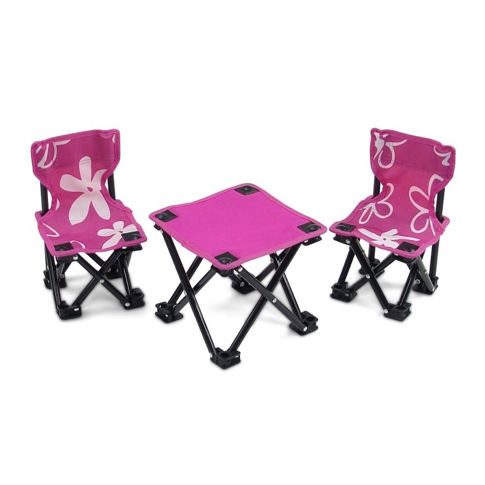 Emily Rose 18-Inch Doll 3-PC Folding Camping Set Pink Outdoor Chairs & Table with Storage Case - USA Brand - Doll Furniture is Compatible with American Girl Dolls