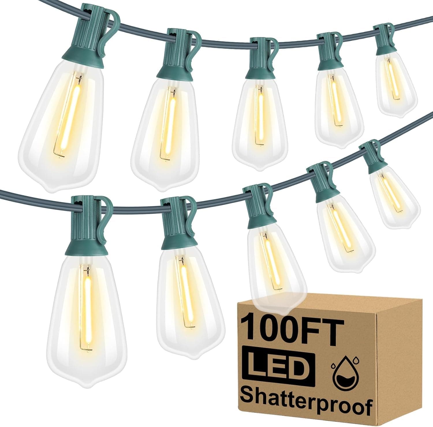 Brightever LED Outdoor String Lights 100FT with 52 Shatterproof ST38 Vintage Edison Bulbs, Outside Hanging Lights Waterproof for Patio, Porch, Deck, Garden, Backyard, Balcony, Green Wire