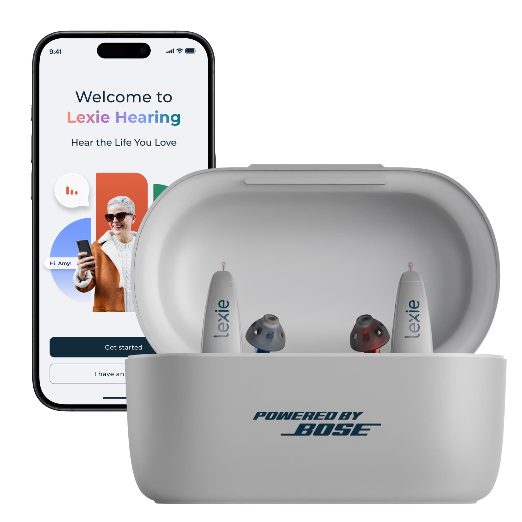 Lexie B2 Plus Powered by Bose - Self-Fitting Rechargeable OTC Hearing Aids for Mild to Moderate Hearing Loss in Adults and Seniors - Clear Sound - Wireless Charging Case - Bluetooth-Enabled - Gray