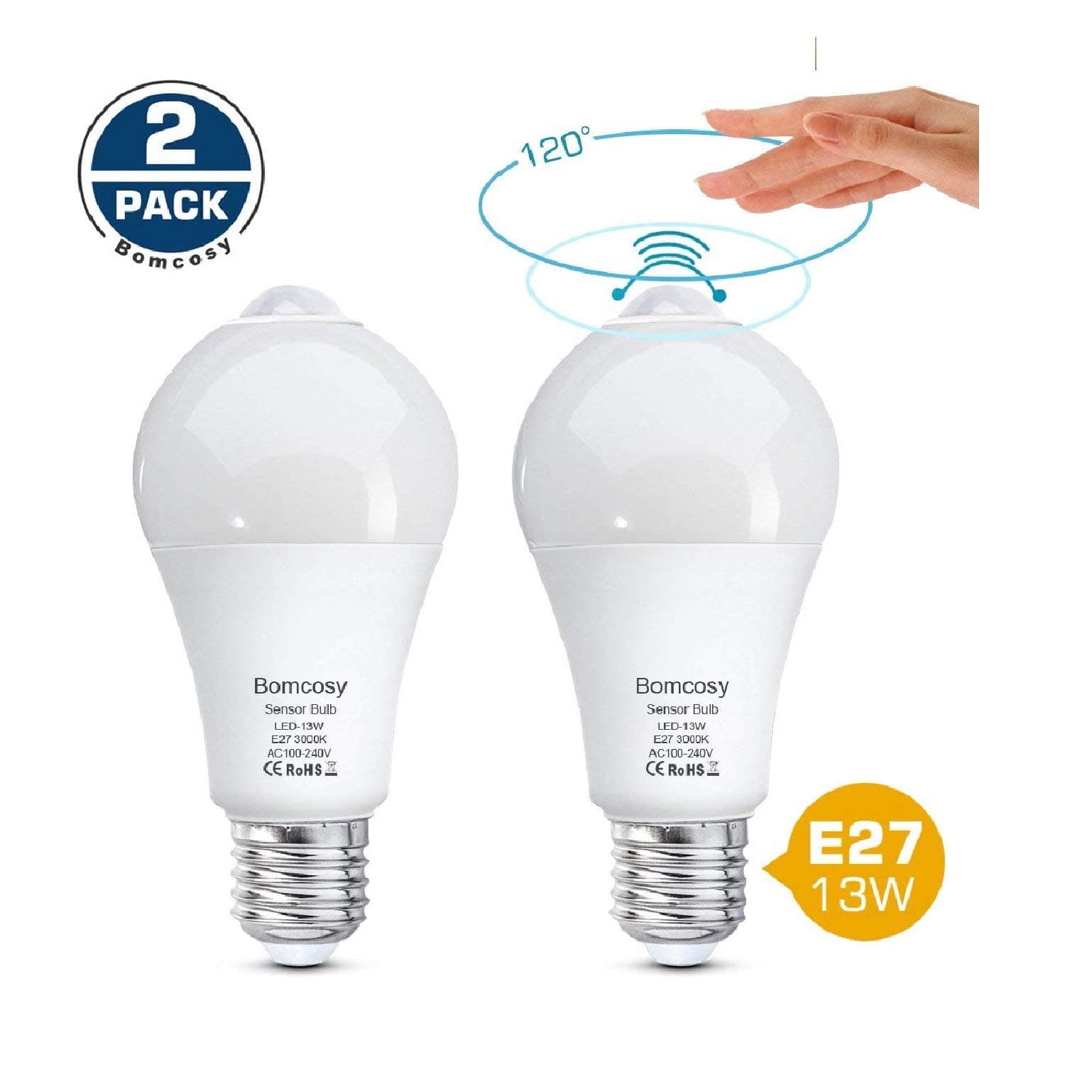 Bomcosy PIR Motion Sensor LED Bulb E27 Screw 13W Warm White 3000K Equivalent to 100W Auto on/Off for Stairs Garage Corridor Basement Walkway 2 Pack [Energy Class A+]