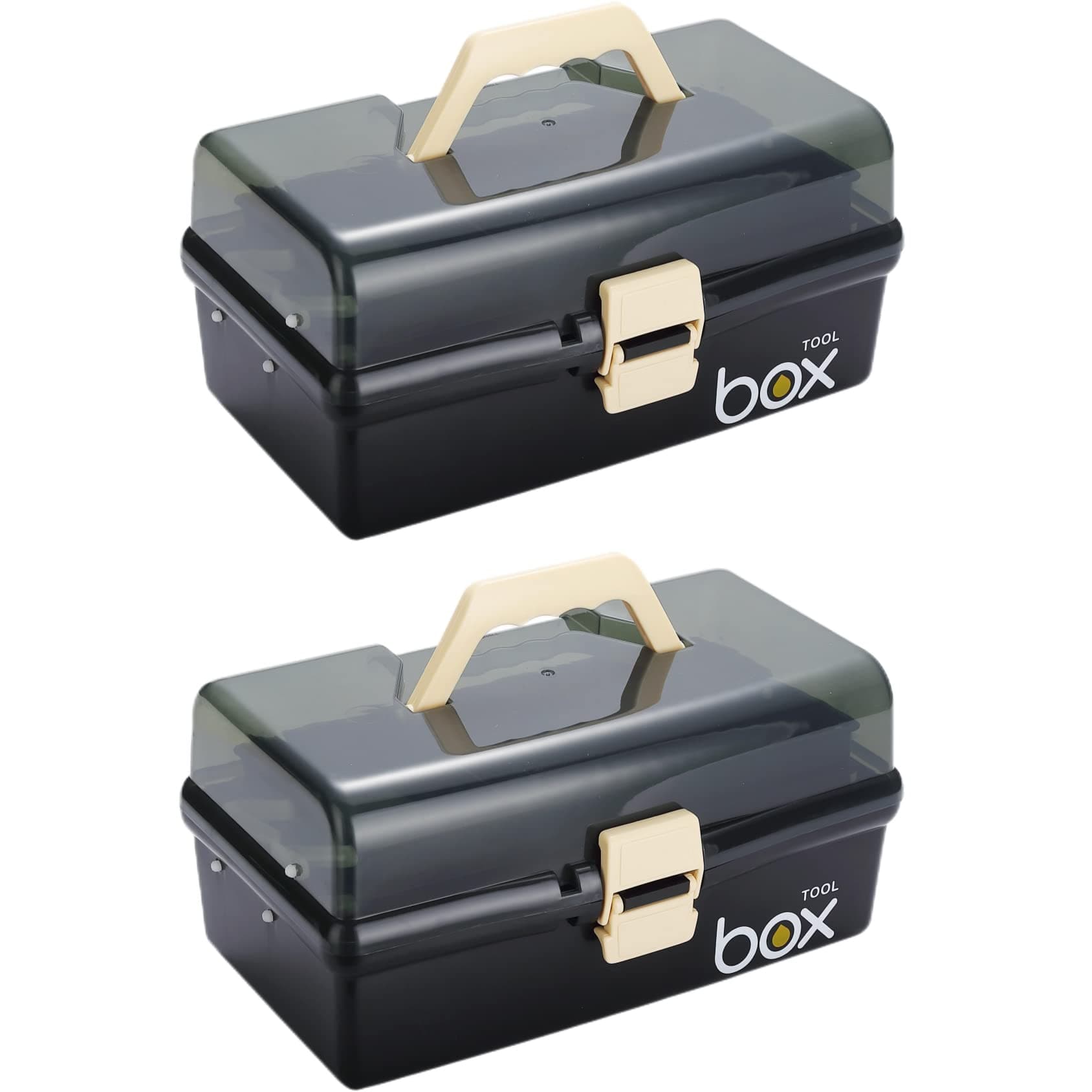 Kinsorcai 2PCS 12'' Three-Layer Clear Plastic Storage Box/Tool Box, Multipurpose Organizer and Portable Handled Storage Case for Art Craft and Cosmetic (Black)