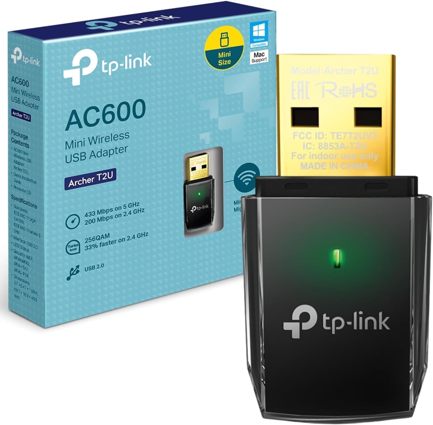 TP-Link Archer T2U USB WiFi Adapter for PC, Dual Band AC600 USB WiFi Dongle for PC, Windows, Mac OS X, Mini design, HD Video/Gaming/Streaming, Mini Design, Compact & Portable, Easy Setup