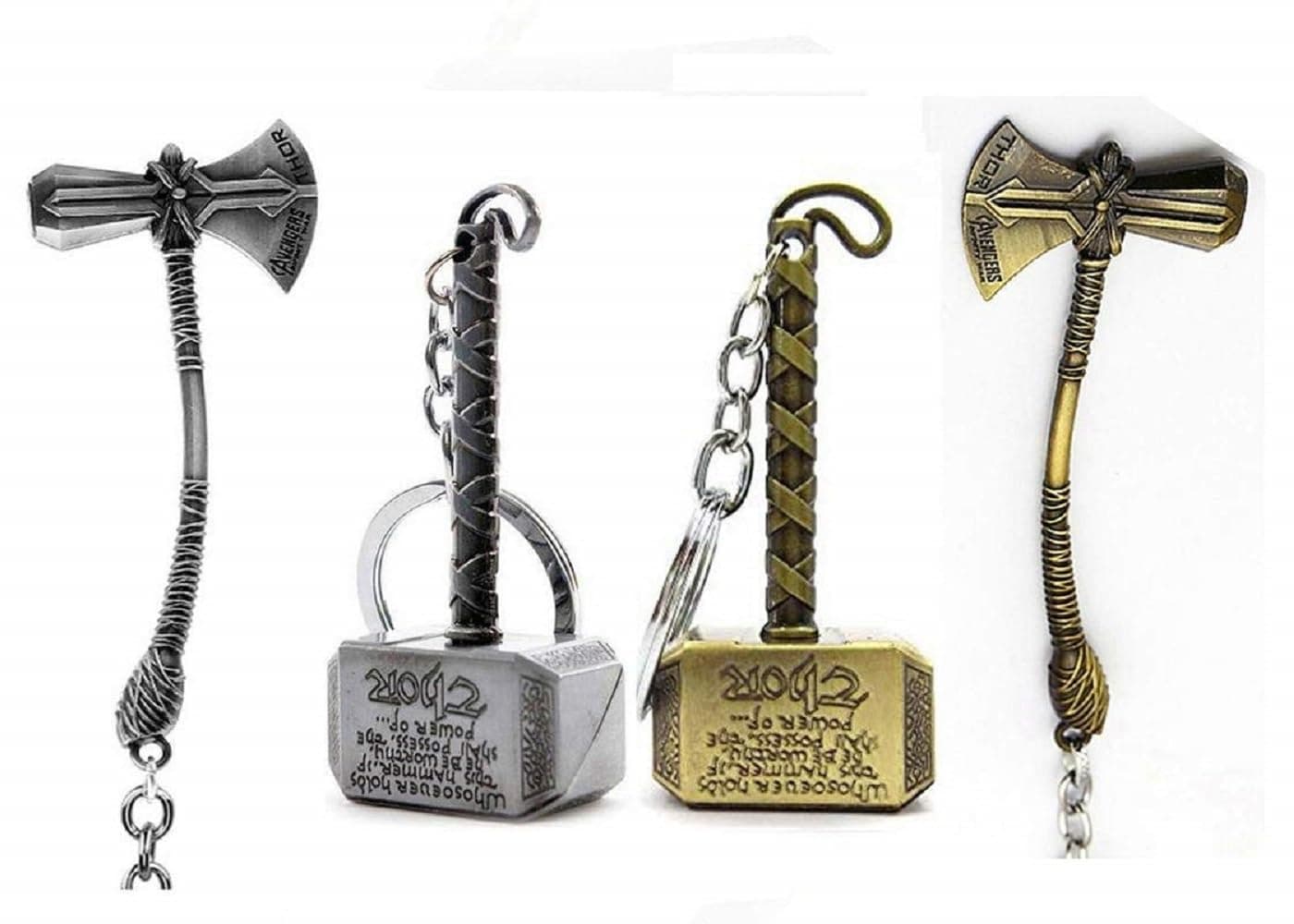 Mistazzo Marvel Avengers Infinity War Thor Axe-Hammer & Mjolnir- Hammer Stormbreaker Metal Keychain & Keyring (Pack Of 4) For Bikes, Cars, Bags, Home, Cycle, Men, Women, Boys And Girls, Multi-Coloured