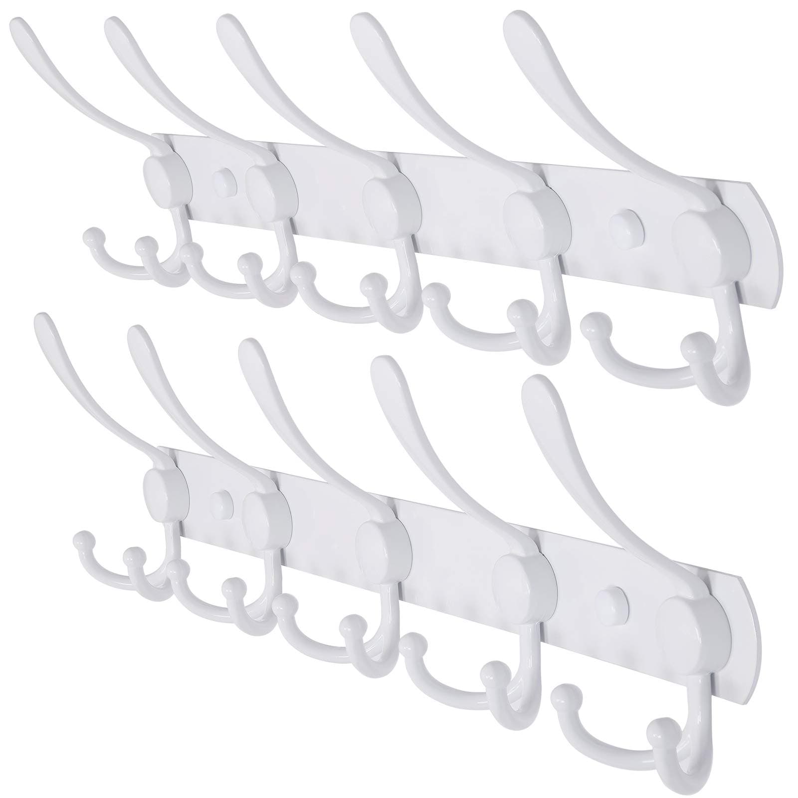 Wall Mounted Coat Rack - 5 Tri Hooks, Heavy Duty, Stainless Steel, Metal Coat Hook Rail for Coat Hat Towel Purse Robes Mudroom Bathroom Entryway (White, 2 Packs)