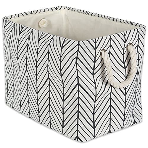 DII Collapsible Polyester Storage Basket or Bin with Durable Cotton Handles, Home Organizer Solution for Office, Bedroom, Closet, Toys, & Laundry (Medium - 16x10x12”), Off White Herringbone