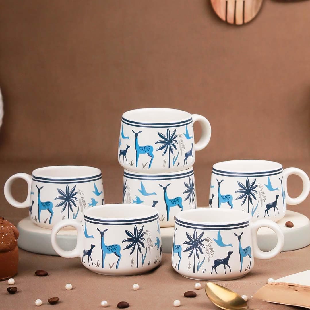 The Earth Store Stag Blue Ceramic Tea Cups Set of 6 Small Coffee Chai Serving Cups Micorwave Safe Ideal Gifts for Anniversary, Housewarming Parties