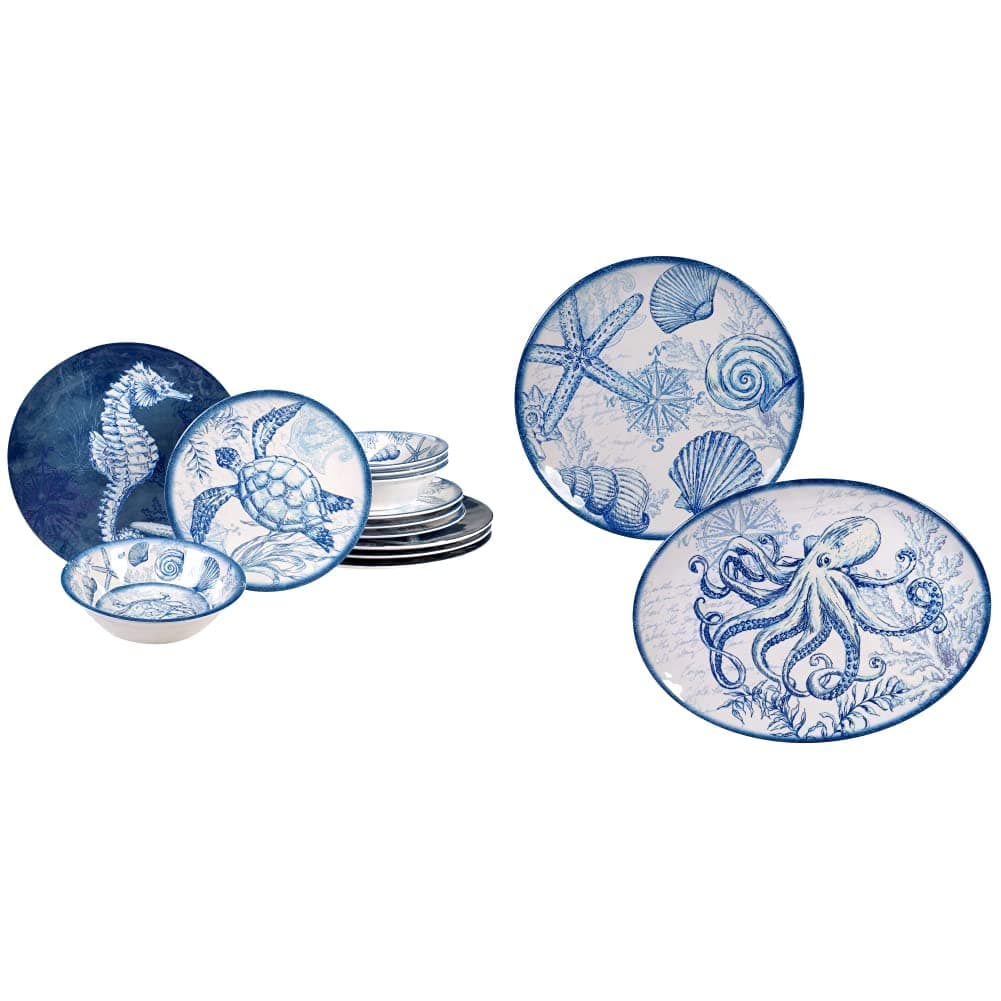 Oceanic 12 piece Melamine Dinnerware Set, Service for 4, Multi Colored & Oceanic 2 Piece Melamine Platter Set, Multi Colored, Large