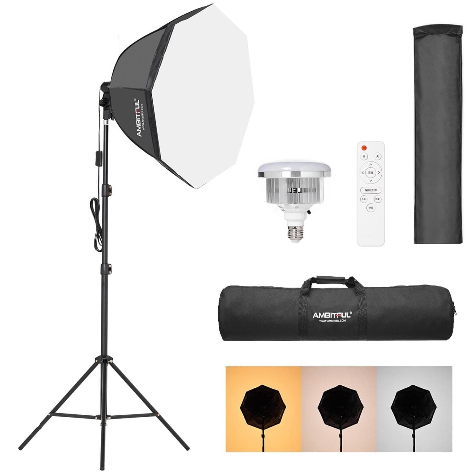 Softbox Lighting Kit,AMBITFUL AL-50 Continuous Photography Lighting Kit with 65cm/25.59in Soft Box, 50W 3000-6500K Bi-Color LED Bulb, Photo Studio Lights Equipment (AL-50A)