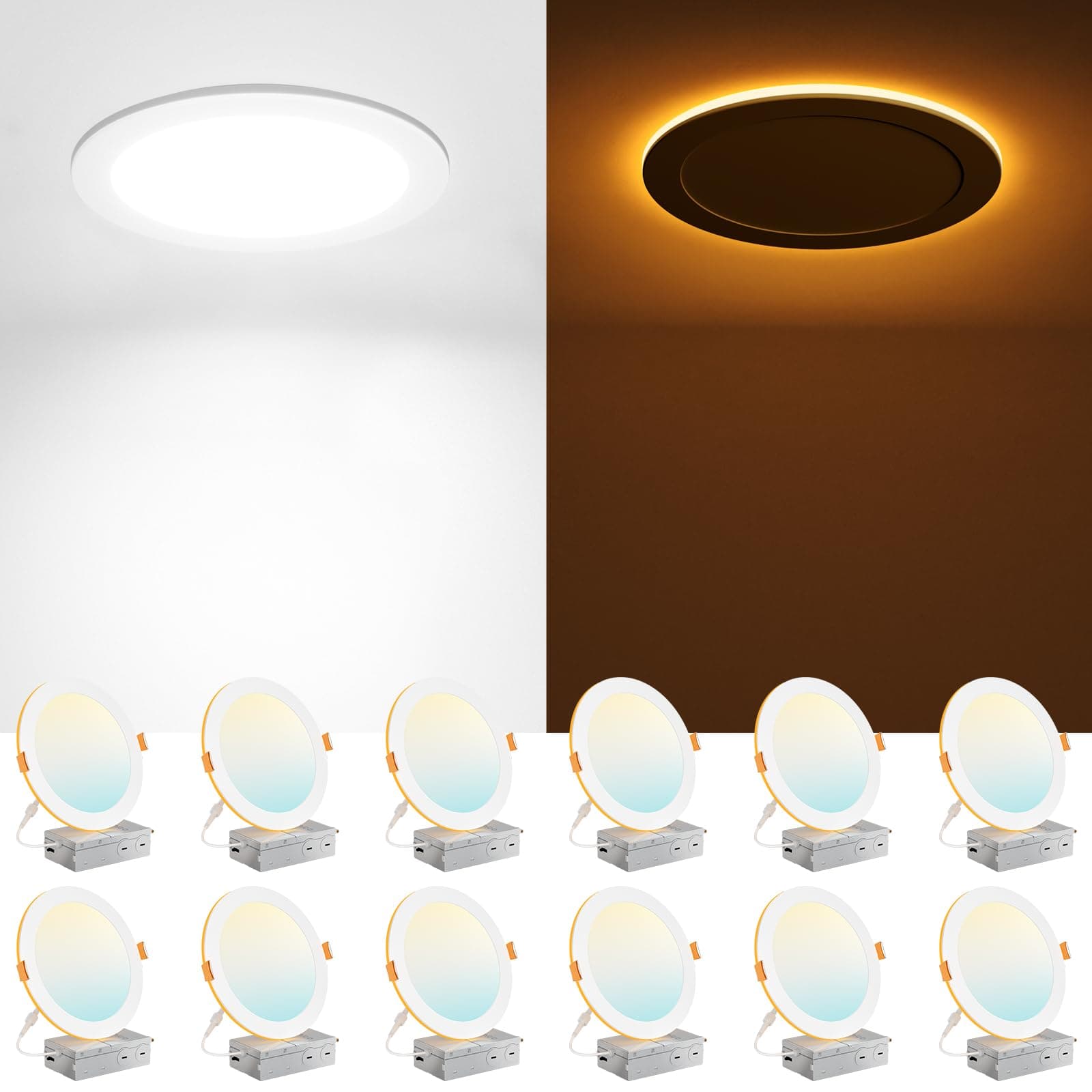 12 Pack 8 Inch 5CCT LED Recessed Ceiling Light with Night Light, 2700K/3000K/3500K/4000K/5000K Selectable Ultra-Thin Recessed Lighting, 18W=120W, 1600LM, Dimmable Canless Wafer Downlight ETL&FCC