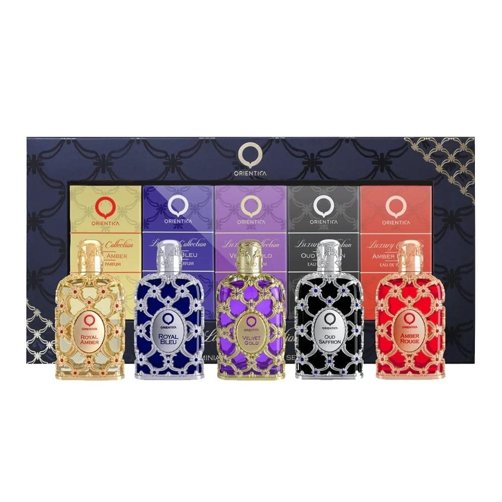 Orientica Luxury Collection Miniature 5-Pc Discovery Set Eau De Parfum - Amber Rouge, Royal Amber, Oud Saffron, Velvet Gold & Royal Bleu - Arabic Perfume for Men & Women - 5 x 7.5ml