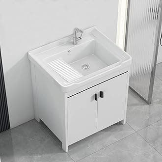 Bathroom Vanity with Ceramic Sink, Modern Bathroom Cabinet, Wooden Double Door Laundry Tub, Quick Assembly Hand Basin Washing Station for Garage, Restaurant, Laundry Room(71*48*82CM/27.9*18.8*32.2IN)