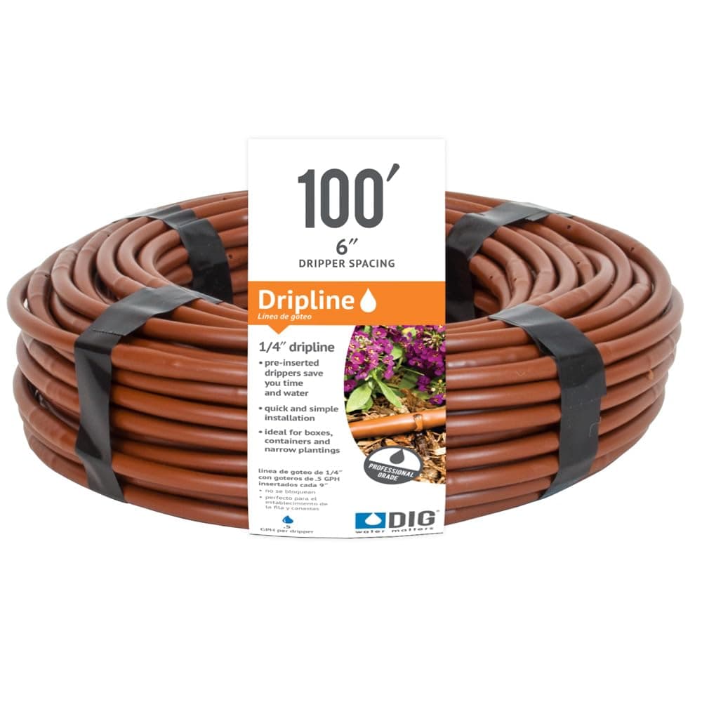¼” 100’ MICROLINE™ Dripline - Enhanced 6” Emitter Spacing, UV-Resistant, Perfect for Diverse Garden Layouts (Brown) SHB106