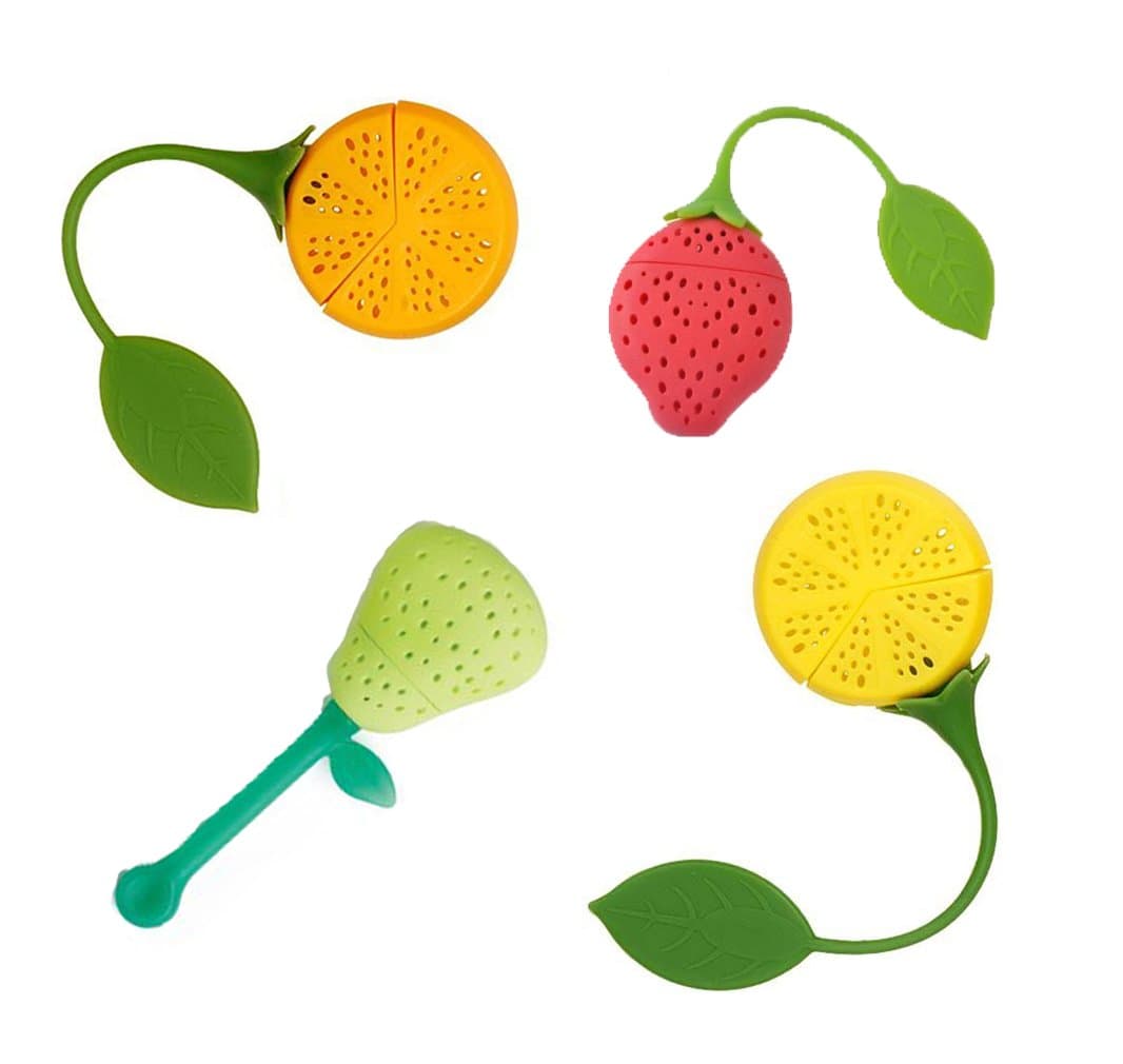 Silicone Fruit Shape Cute Tea Bag Funny Loose Leaf Tea Infuser in Strawberry Pear Orange and Lemon Shape 4 Colorful Cool Tea Infuser Strainer for Mug Cup Herbal Weight Loss Tea-Dishwasher Safe