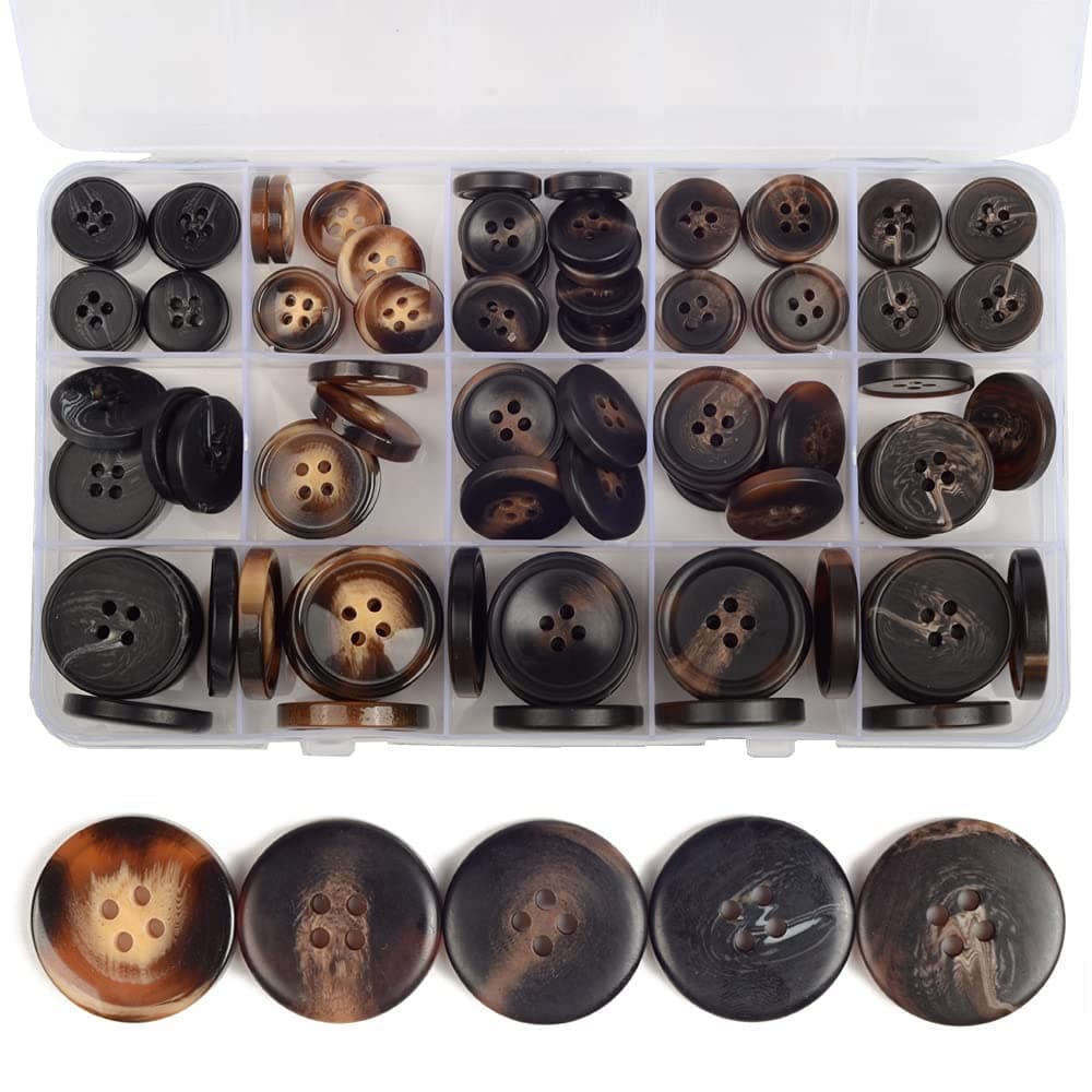110Pcs Mixed Sewing Buttons, 4-Hole Craft Round Blazer Buttons, 5 Color 3 Size(15mm,20mm,25mm) Suit Coats Resin Button, Suitable for Variety Clothing Sewing, DIY Craft(Brown)
