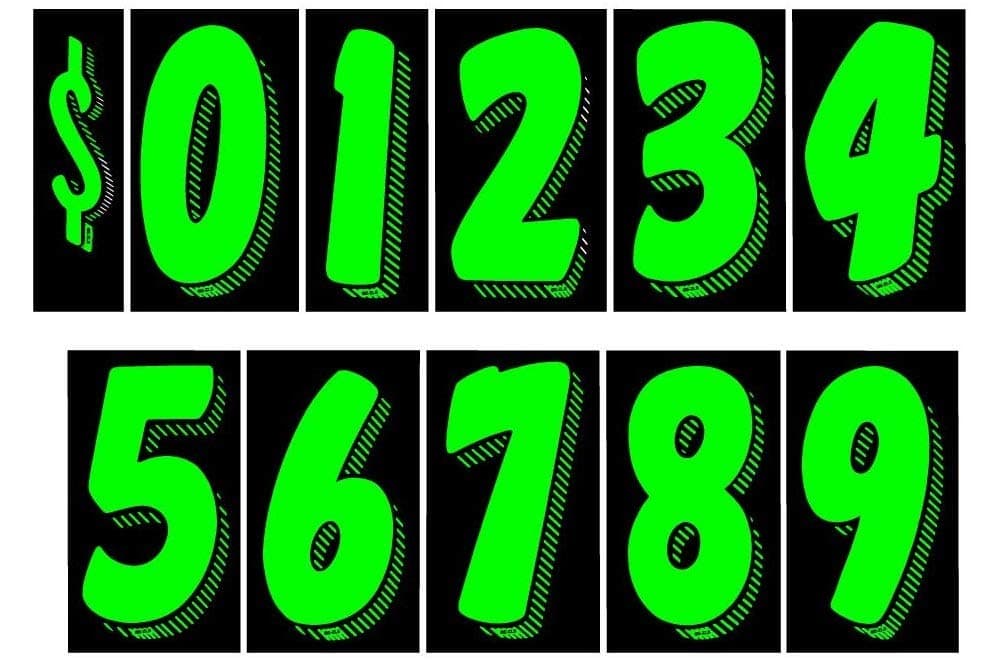 11-1/2 Vinyl Number Decals, Windshield Pricing Stickers, Chartreuse Car Lot Pricing Numbers, 11 Dozen