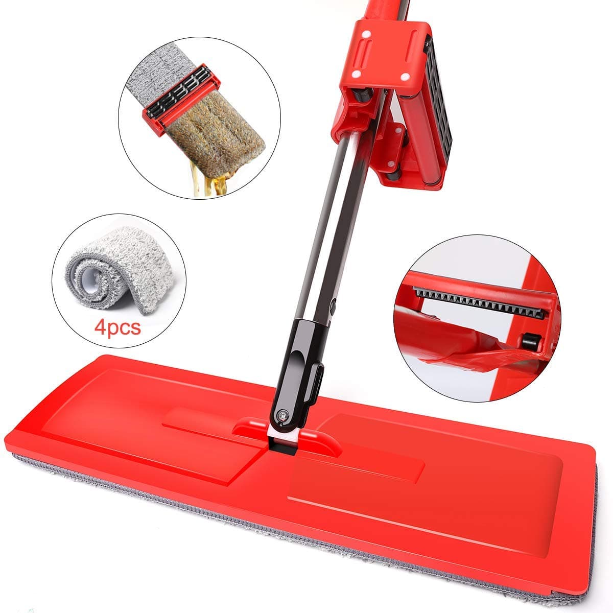 Self Wringing Flat MOP, YMATION Floor Mop 360° Hands–Free Automatic Squeeze Wet Dry Lazy Mop with 4 Microfiber Mop Pads for Hardwood, Laminate and Tile Flooring, Window