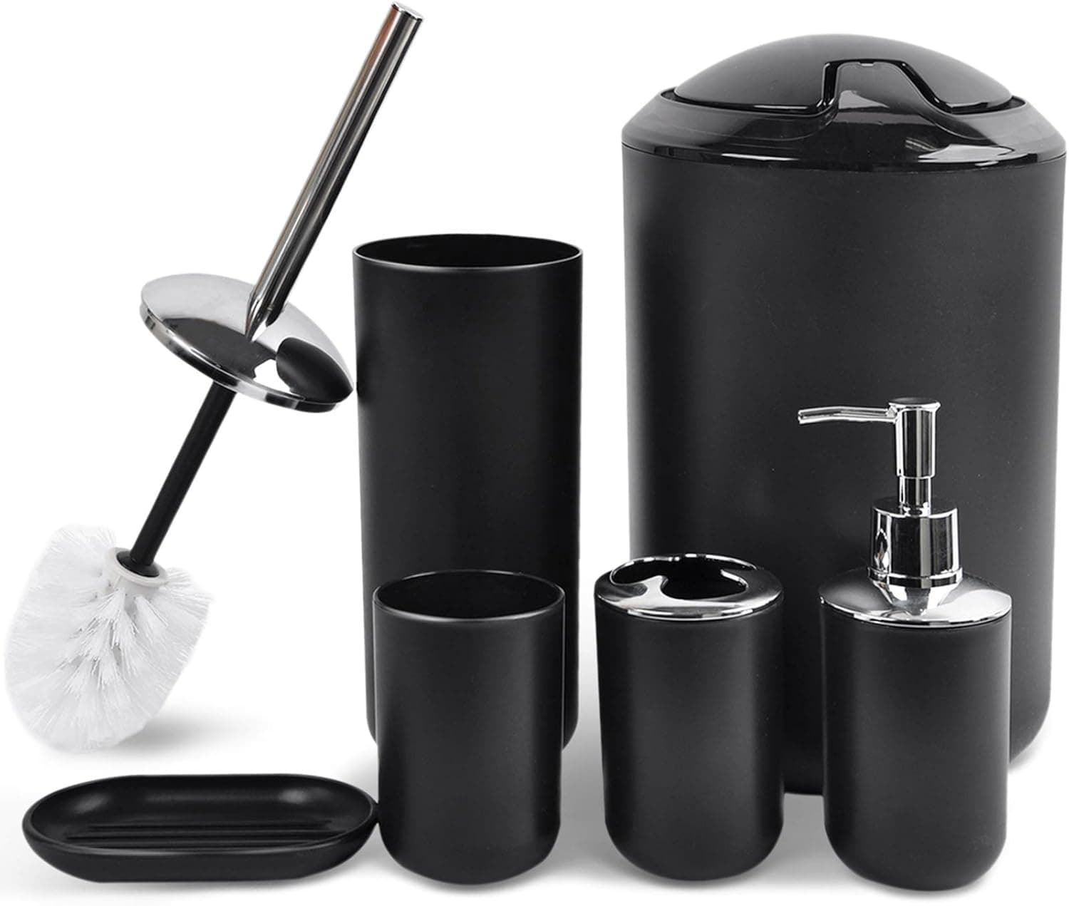 CERBIOR Bathroom Accessories Set 6 Piece Bath Ensemble Includes Soap Dispenser, Toothbrush Holder, Toothbrush Cup, Soap Dish for Decorative Countertop and Housewarming Gift, Black