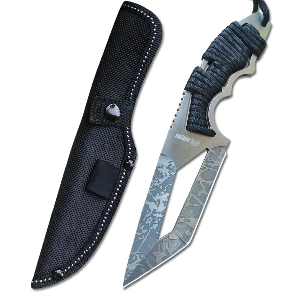 8.07" Fixed Blade Hunting Knife with Nylon Sheath, Survival Knife,Full Tang Bowie Knife with Paracord Handle,For Hunting, Camping,Bushcraft,Man Woman Gift(Black)