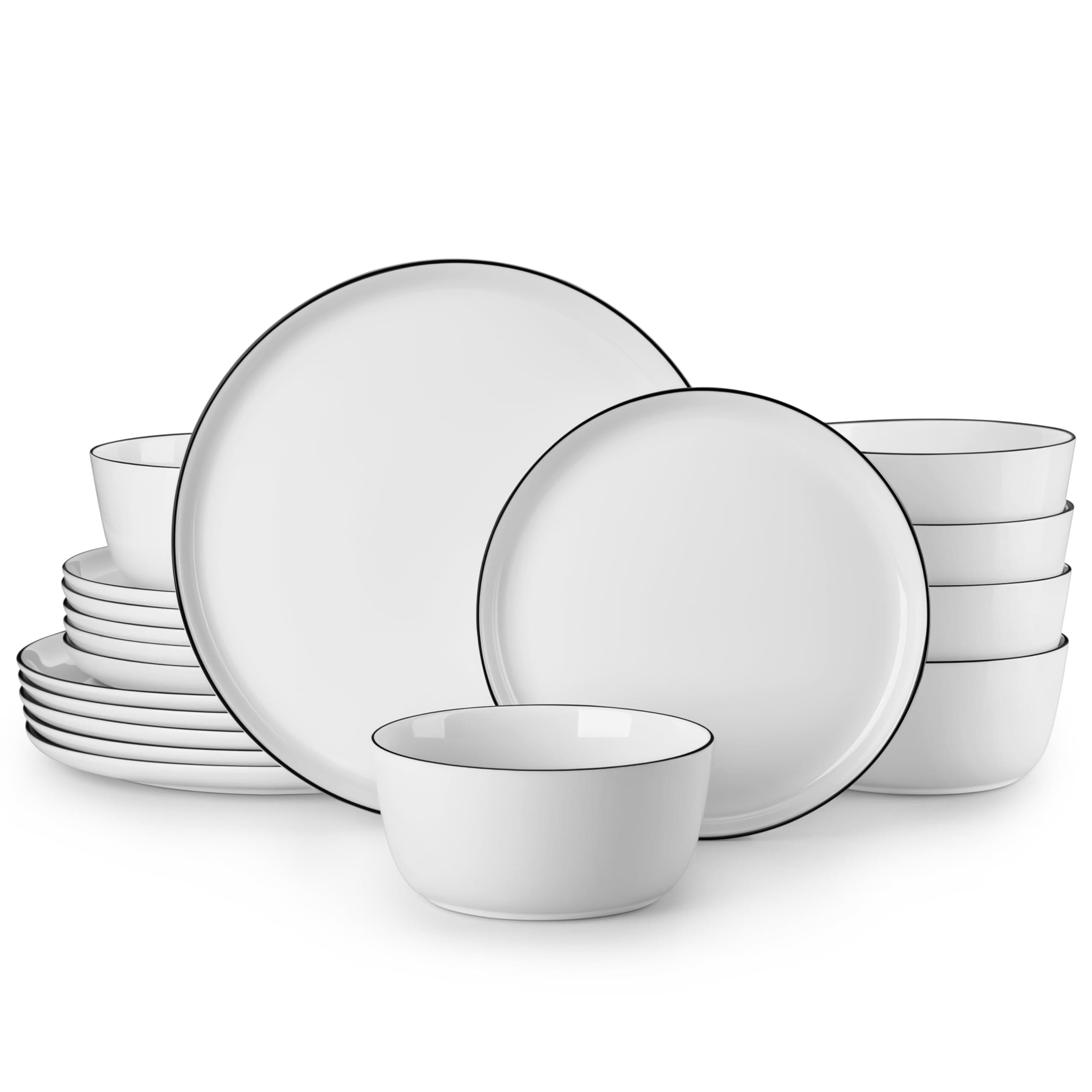 MALACASA 18 Piece Dinner Sets for 6 People, White and Black Rim Porcelain Crockery Set with Plates and Bowls, Premium Ceramic Dinnerware Sets, Microwave and Dishwasher Safe, Lexi Series