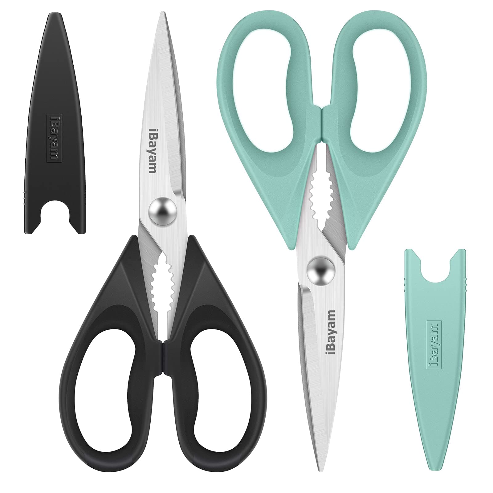 iBayam Kitchen Shears, Kitchen Scissors All Purpose Heavy Duty Meat Scissors Poultry Shears, Dishwasher Safe Food Cooking Scissors Stainless Steel Utility Scissors, 2-Pack, Black, Aqua Sky
